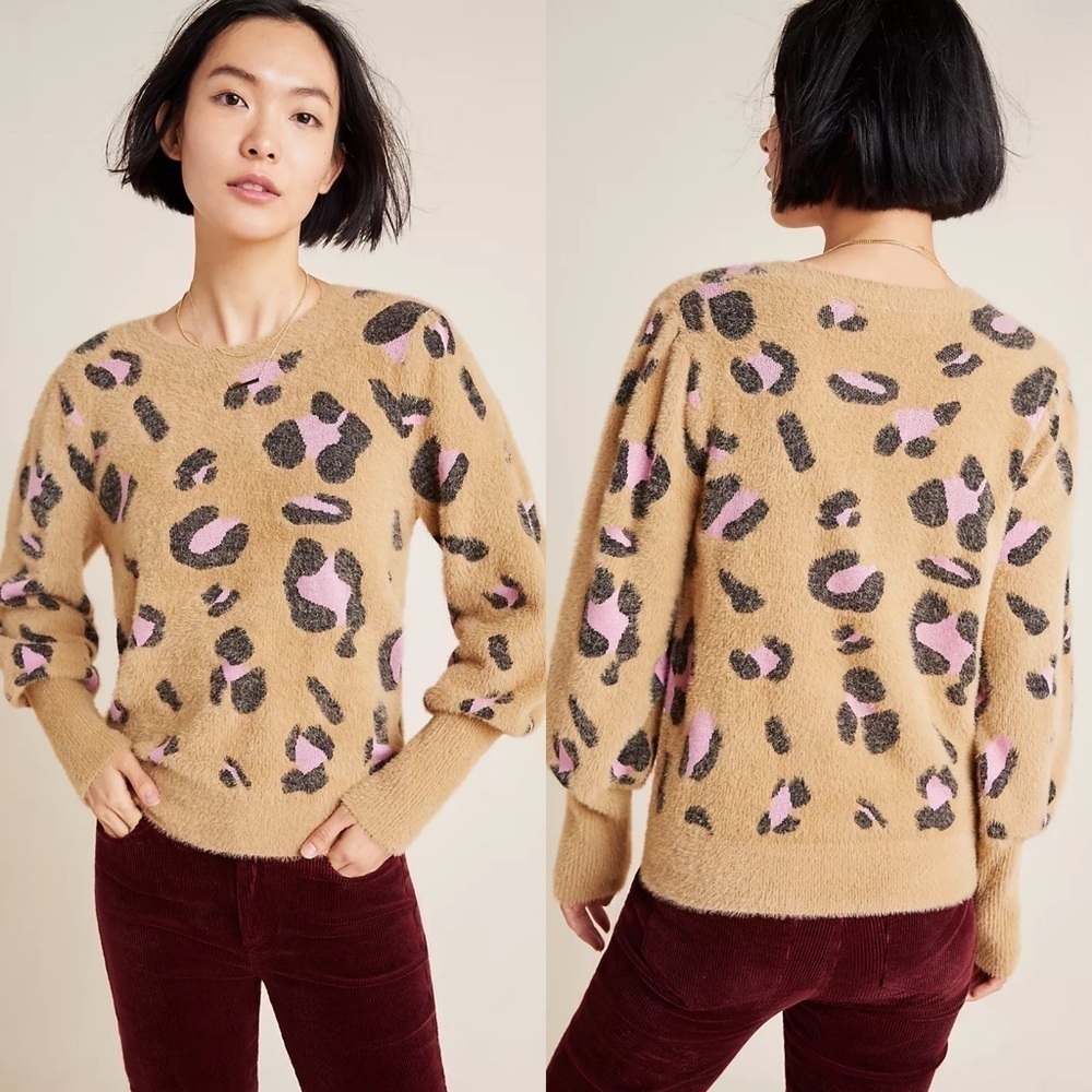 Anthropologie Dolan Nina Eyelash Fuzzy Tan Pink Leopard Crew Neck Sweater